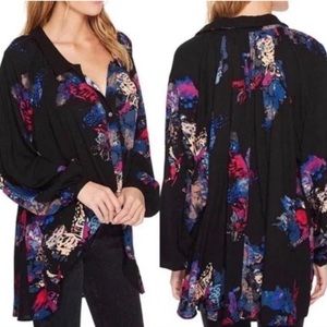 Free People Tunic Top Womens Small Meadow Lark Button Up Black Floral OB687763